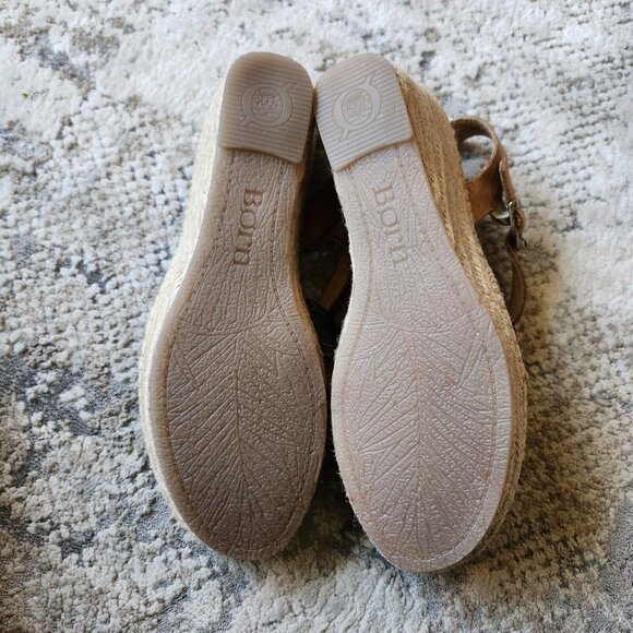 Born Wedge Sandals Women's 9 Blue Fabric Tan Leather Comfort Espadrille Platform - Picture 6 of 9